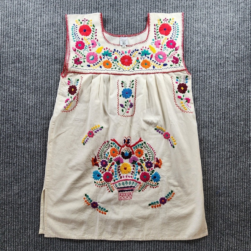 Arte Huaxyacac Dress Womens M Cream Multicolor Floral Embroidered Mexican Boho‎